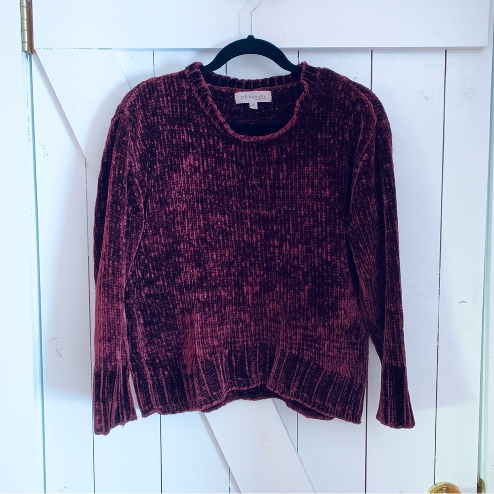 Philosophy Velvet Sweater Chunky Knit Crew Neck Long Sleeve Burgundy Oxblood XS